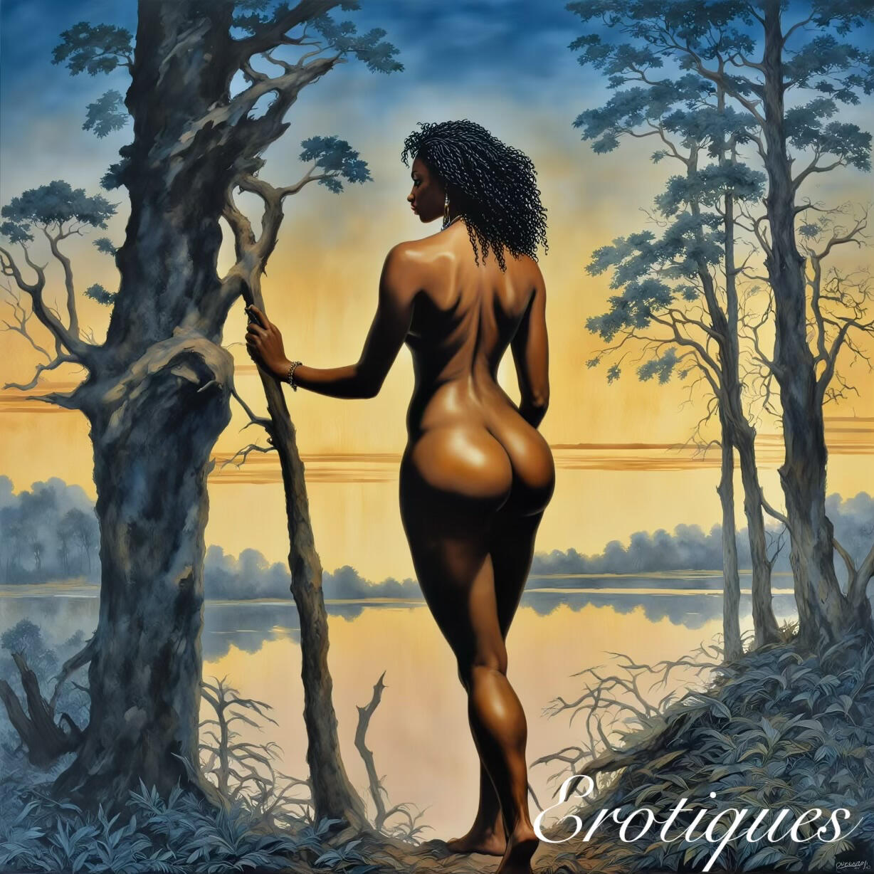 Lakeside View As the sun sets behind a tranquil lake encircled by a lush forest, Ivy stands lost in the fading light and distant horizon.